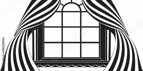 Arched window design with flowing decorative striped curtains in monochrome graphic style interior design curtains illustration monochrome interior architecture ornamental windowpane isolated