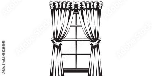Black and white graphic illustration of a window with decorative tied curtains interior design home decor curtains illustration interior monochrome homeware ornamental architecture isolated