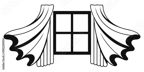 Graphic illustration of an open window with blowing curtains on a white background interior design curtains illustration monochrome interior architecture windowpane isolated decoration