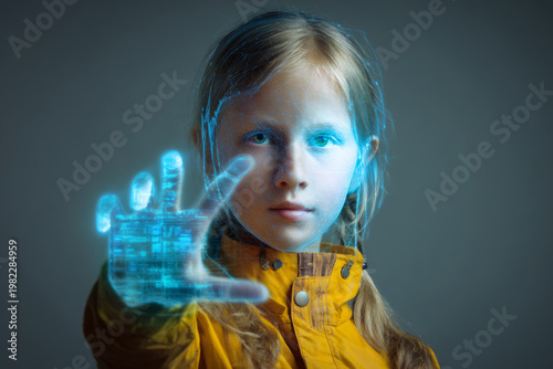 Teenage girl using hand movements to operate a floating holographic panel, confident pose, futuristic classroom setting, soft neon lighting