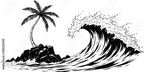 Black and white vector illustration of a tropical island with a palm tree on rocks and a large ocean wave tropical vacation landscape illustration monochrome creative paradise adventure