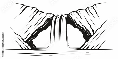 Minimalist graphic of a waterfall cascading through a natural stone arch with waterfall landscape illustration minimalist formation outdoors wilderness environment silhouette monochrome