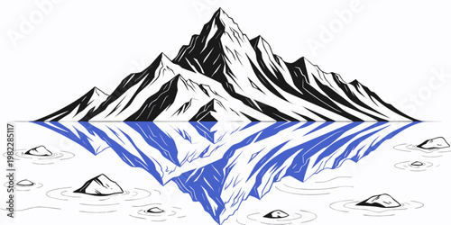 Vector graphic illustration of a majestic mountain reflected in a lake with scattered stones mountain reflection landscape illustration wilderness serenity adventure minimalist background