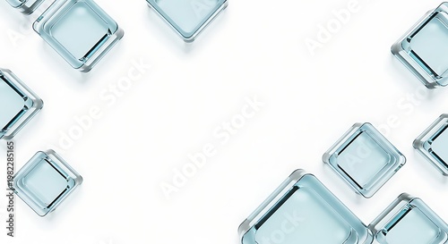 Abstract light blue glass cubes scattered on a clean white background representing modern design and technology concepts