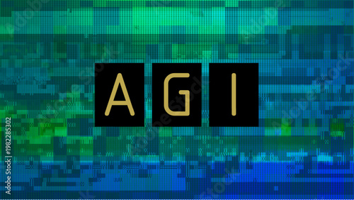 AGI Artificial General Intelligence Concept Vector Illustration with Bold Golden Letters on Black Tiles over Glowing Green and Blue Digital Data Matrix Pixel Background for Technology and Futurism
