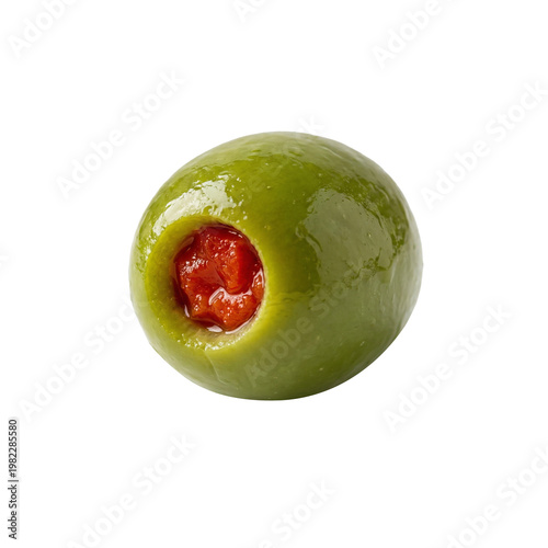 A green olive stuffed with red pimiento