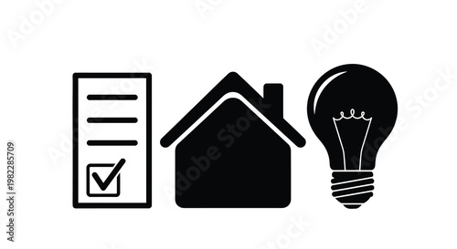 A simple black and white illustration depicting a checklist house and lightbulb side by side