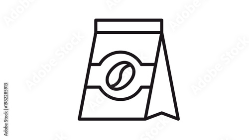 Minimalist black line vector icon of a coffee bean bag packaging, featuring a coffee bean symbol on the label, isolated on a white background for graphic design, branding, and cafe menu layouts.