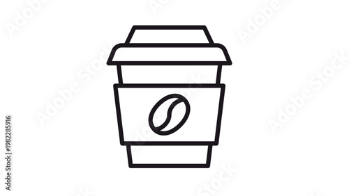 Minimalist black line vector icon of a disposable takeaway coffee cup with a lid and a cardboard sleeve featuring a coffee bean logo, perfect for cafe branding, beverage apps, and graphic design.