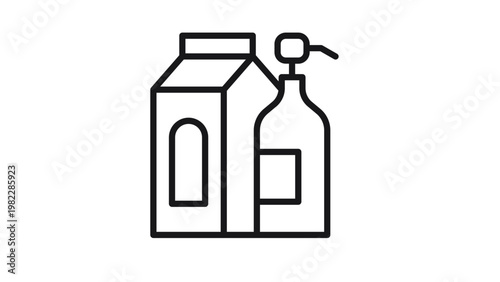 Φωτογραφία Minimalist black line vector icon illustration of liquid product packaging including a gable top carton and a pump dispenser bottle for soap, lotion, or beverages, isolated on white background
