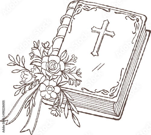 Minimalist outline illustration of a Holy Bible featuring a cross on the cover, accented with light floral details. Hand-drawn doodle line art with a soft, refined look. 