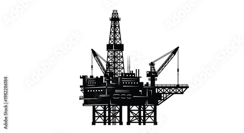 A stark black silhouette depicts an offshore oil rig platform detailed with industrial structures high quality