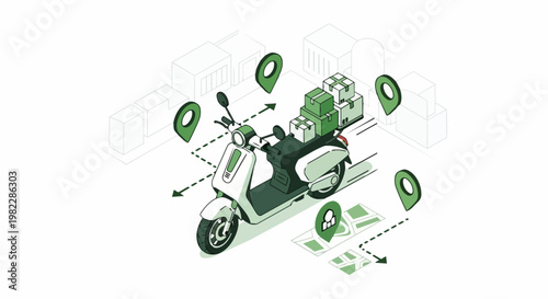 Isometric Delivery Scooter with Packages and Location Pins for Logistics and Fast Shipping Concepts