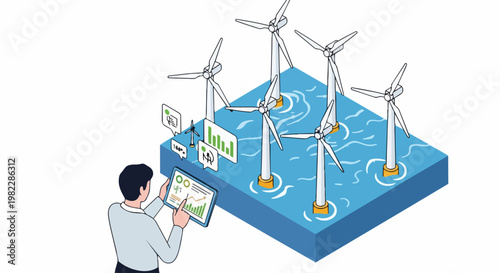 Engineer Monitoring Offshore Wind Farm via Tablet for Renewable Energy Analytics and Smart Power Management Isometric Illustration