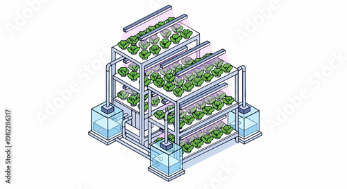 Isometric Vertical Hydroponic Indoor Farming System with Leafy Greens and LED Grow Lights