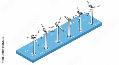 Isometric Offshore Wind Farm Illustration for Sustainable Renewable Energy and Green Power Technology Concept