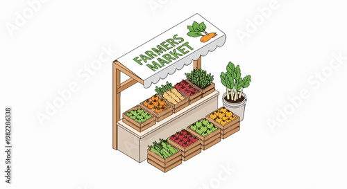 Isometric Farmers Market Stall with Fresh Organic Vegetables in Wooden Crates