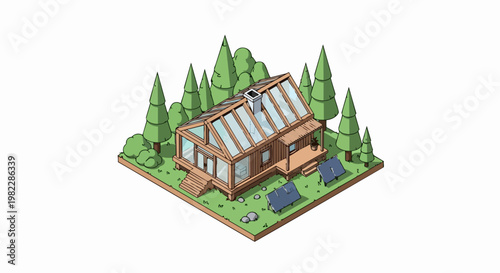 Isometric Illustration of a Modern Eco-Friendly Wooden Cabin with Solar Panels and Glass Roof in a Pine Forest
