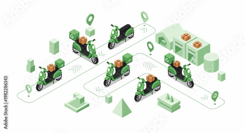 Isometric Eco-Friendly Electric Scooter Delivery Fleet for Sustainable Logistics and E-commerce Shipping