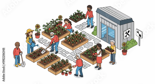 Isometric Illustration of Diverse People Working in a Community Urban Garden with Raised Vegetable Beds and a Tool Shed