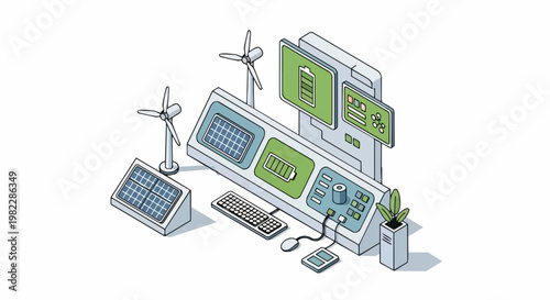 Isometric Smart Green Energy Control Panel with Solar Panels, Wind Turbines, and Battery Monitoring System Illustration