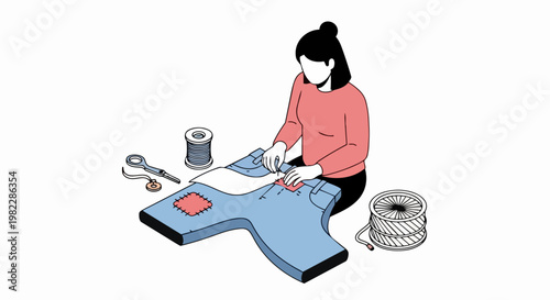 Woman Sewing and Repairing Denim Jeans for Sustainable Fashion and Upcycling Isometric Illustration