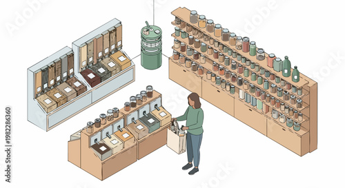 Isometric Illustration of Woman Shopping in Zero Waste Bulk Grocery Store with Reusable Bag and Refillable Jars for Sustainable Eco-friendly Living