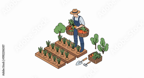 Isometric Illustration of a Farmer Harvesting Fresh Vegetables in an Organic Garden with Raised Beds and Baskets of Produce