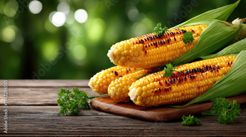Grilled corn on the cob on a rustic wooden cutting board, garnished with fresh basil leaves, ready for summer outdoor dining and healthy barbecue meals