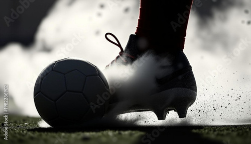 A soccer player's foot kicking a ball on a field with smoke in the background