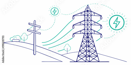 High voltage electricity power transmission pylon sketch illustration with lightning bolt symbols representing energy distribution network electricity transmission infrastructur