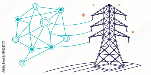 Digital power grid network connected to electrical pylon structure artistic illustration with electricity transmission infrastructure electrical connectivity technology