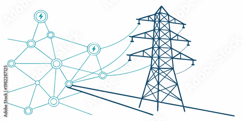 Graphic illustration of energy grid network connected to a high voltage electricity tower with lightning icons electricity transmission infrastructure lightning electrical