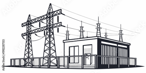 Black and white line art vector graphic of a power distribution substation with steel pylons high voltage electricity substation infrastructure transmission electrical