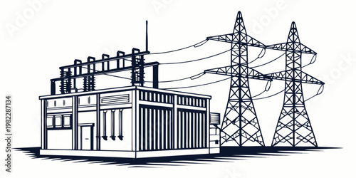 Electrical substation facility with high voltage power transmission pylons black and white line art electricity substation transmission infrastructure electrical facility