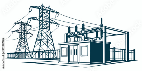 Minimalist graphic line art of an electrical power substation with power lines and steel pylons high voltage electricity substation infrastructure transmission electrical
