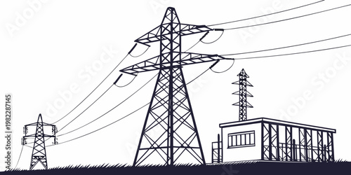 Black and white line art illustration of a high voltage electrical substation with transmission towers and power lines electricity substation transmission infrastructure