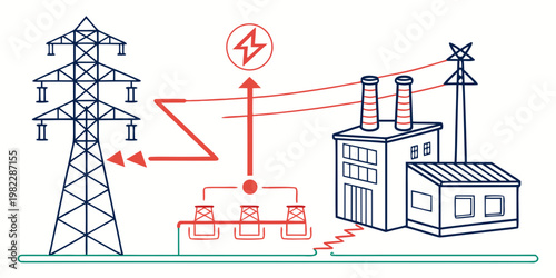 Industrial power plant and electricity transmission grid schematic with electricity transmission infrastructure electric substation distribution industry industrial