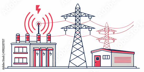 Graphic illustration of an industrial power plant substation with transmission towers and radio wave signal high voltage electricity substation infrastructure transmission