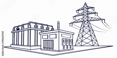 Electrical power substation facility and transmission tower graphic with substation electricity infrastructure transmission facility industrial electric building schematic