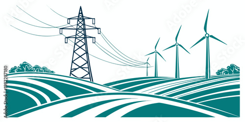 Wind farm landscape with high voltage transmission towers and electricity lines renewable landscape electricity transmission sustainable environment infrastructure industry