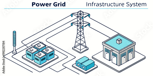 Isometric power grid infrastructure system network diagram with infrastructure isometric electricity technical distribution substation transmission technology industrial