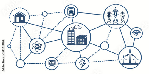 Smart grid concept infographic with power generation and transmission icons in blue vector design electricity industry technology transmission generation lightning renewable