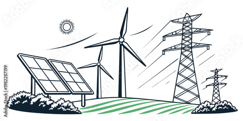Sustainable energy concept illustration with wind turbines solar panels and electric power transmission towers in a rural landscape setting sustainable renewable electricity