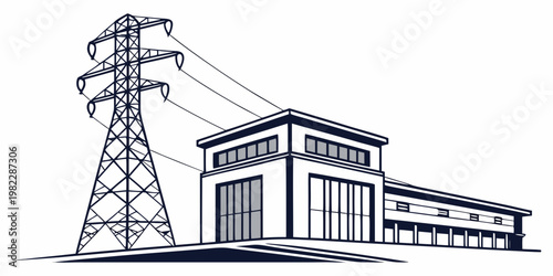 Industrial power substation building with a high voltage transmission pylon substation electricity transmission industrial electrical infrastructure distribution technology