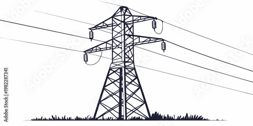 Electrical transmission tower on grassy field landscape illustration with electricity transmission infrastructure industrial electrical engineering landscape distribution