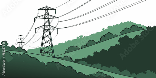 Illustration of electricity transmission towers on a rolling green hillside with electricity transmission landscape infrastructure electric illustration background industry