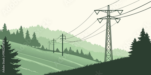 Graphic illustration of utility poles along a grassy hillside with electricity landscape transmission infrastructure electric illustration countryside background electrical