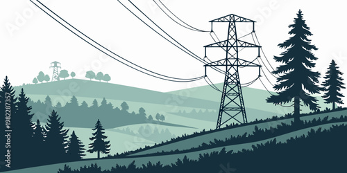 Vector illustration of a pylon in a pine forest landscape with electricity landscape transmission electric infrastructure illustration background environment generation