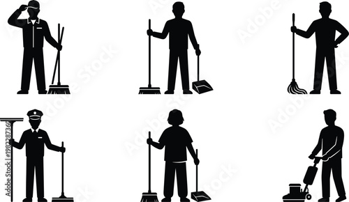 Professional Cleaning Staff Silhouettes Set Featuring Janitors, Housekeepers, and Maintenance Workers with Brooms, Mops, Squeegees, Dustpans, and Industrial Floor Polishing Equipment